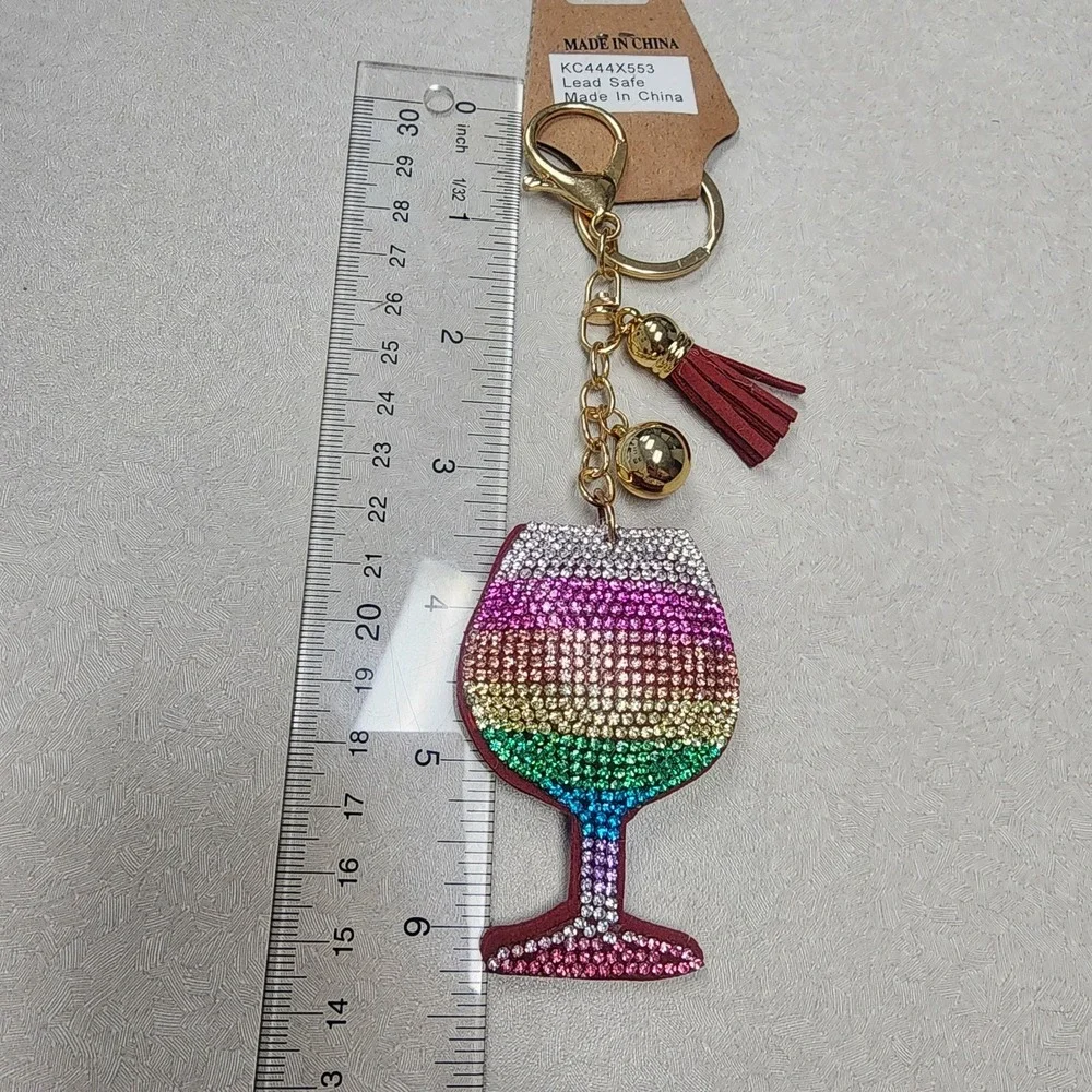 Mix Color Wine Glass Iconic Key Chain Rhinestones Tassle Clip & Key Ring 3D